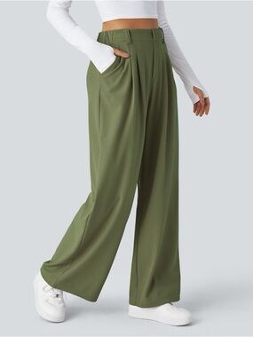 NWOT Halara Flex™ High Waisted Pocket Wide Leg Waffle Work Pants in Loden Green